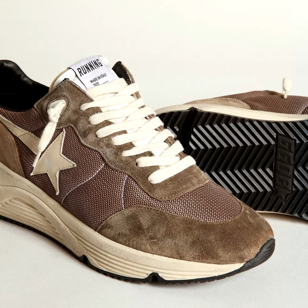 Golden Goose Running Sole Sneakers in Olive-Green Mesh and Leather - Picture 4 of 12